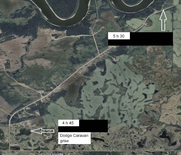 Carte de la Nation crie de James Smith montrant les emplacements de deux résidences où le suspect s’est rendu entre 4 h 45 et 5 h 30 le 4 septembre
