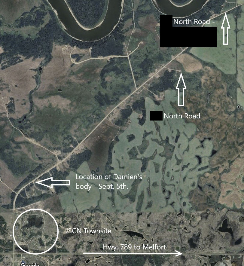 Map of James Smith Cree Nation depicting the locations of two residences the suspect attended and where Damien's body was located.