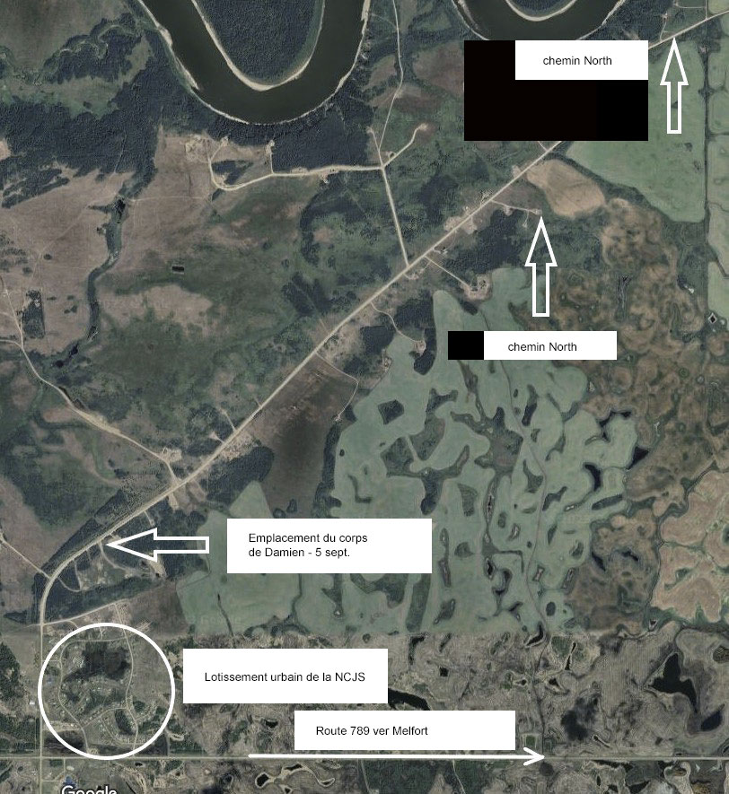 Carte de la Nation crie de James Smith indiquant les emplacements de deux résidences fréquentées par le suspect et l’endroit où le corps de Damien a été retrouvé.