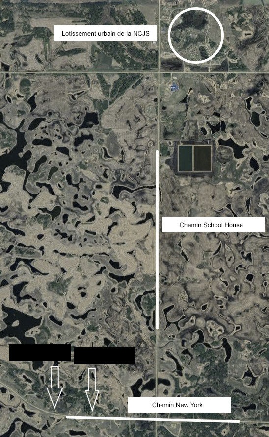 Carte de la Nation crie de James Smith montrant les emplacements de deux résidences fréquentées par le suspect, la [CAVIARDÉ] et la [CAVIARDÉ].