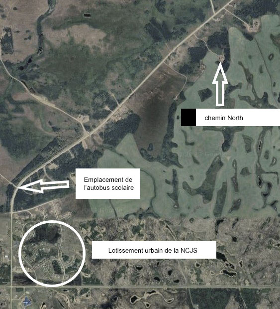 Carte de la Nation crie de James Smith montrant l’emplacement du [CAVIARDÉ], chemin North et l’endroit où se trouvait l’autobus scolaire.