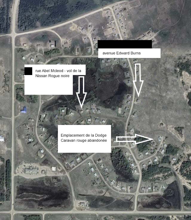 Carte de la Nation crie de James Smith montrant les endroits où le suspect s’est rendu, y compris l’emplacement de la Dodge Caravan rouge abandonnée.