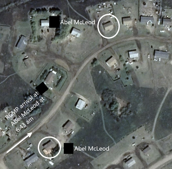 Map of James Smith Cree Nation depicting the distance between residences the suspect attended and the location of the RCMP.