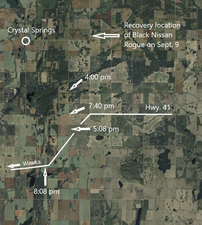 Map depicting the Crystal Springs/Highway #41 area noting the locations of suspect sightings and where the Black Nissan Rogue was recovered.