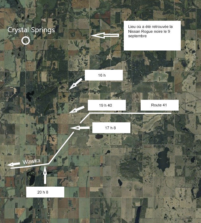 Carte montrant les secteurs de Crystal Springs et de la route 41 ainsi que l’endroit où le Nissan Rogue noir a été retrouvé le 9 septembre.
