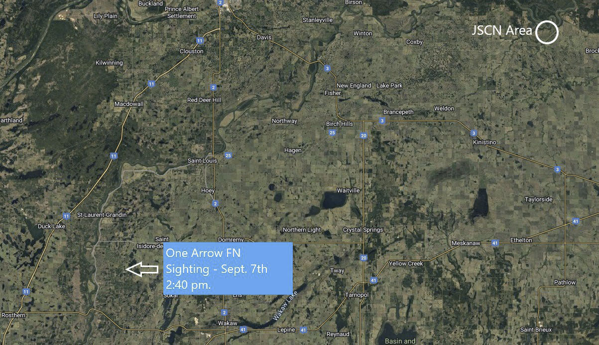 Map depicting the location of a suspect sighting on One Arrow First Nation on September 7, noting the distance from James Smith Cree Nation.