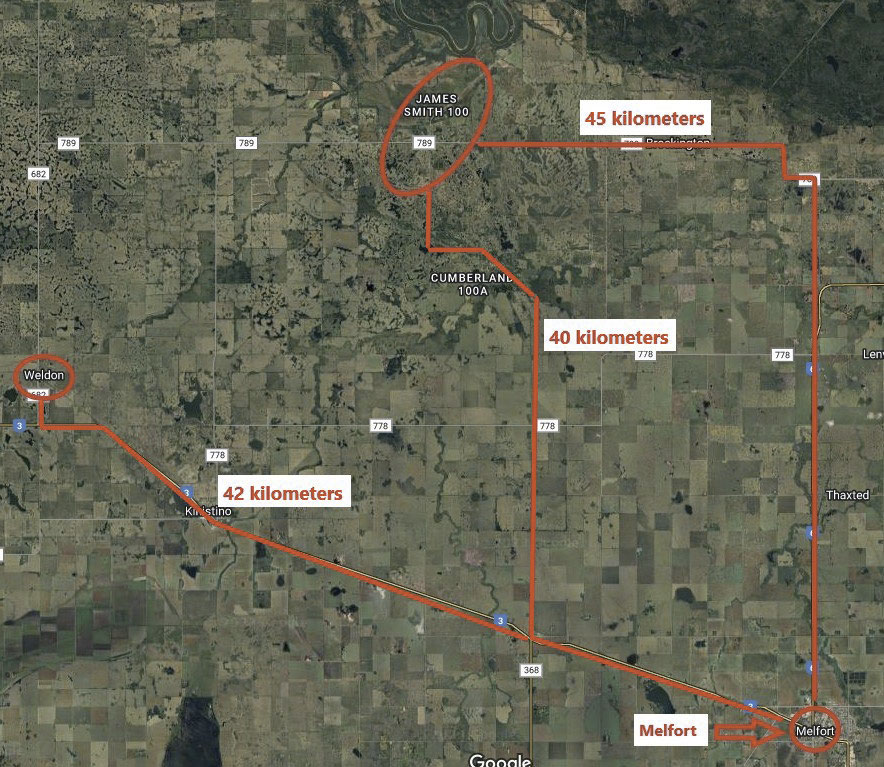 Map of Melfort RCMP policing jurisdiction, depicting proximity and distance between Melfort, Weldon, and James Smith Cree Nation.