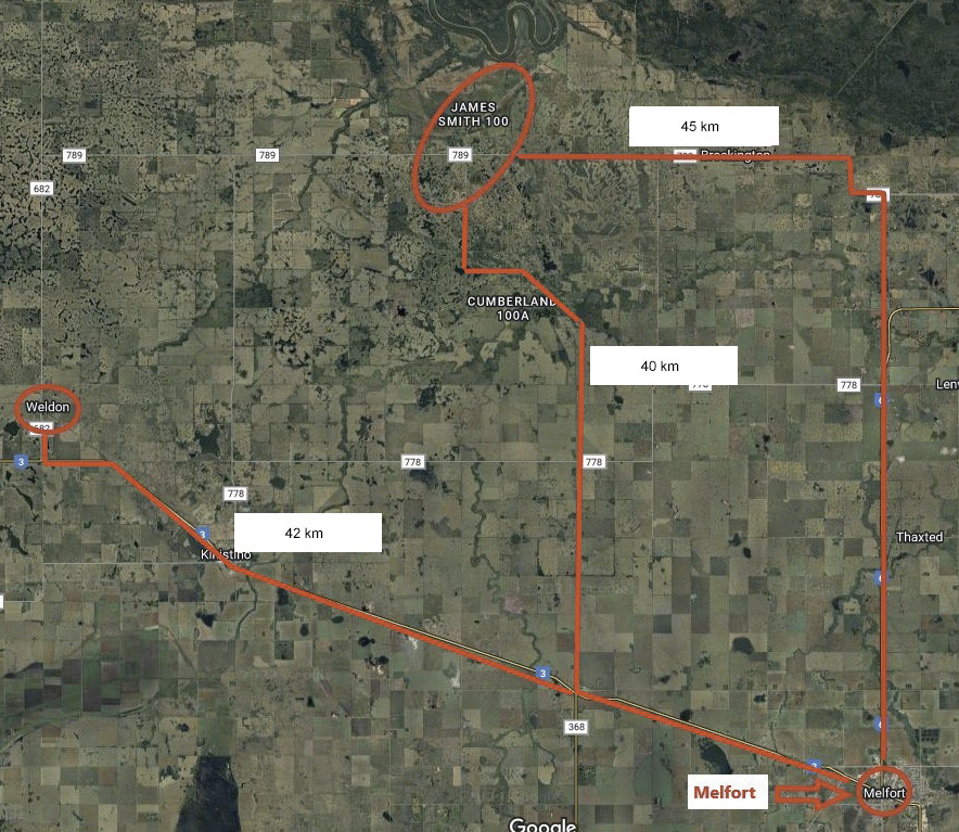 Carte du territoire desservi par le Détachement de la GRC de Melfort, illustrant la distance entre Melfort, Weldon et la Nation crie de James Smith.