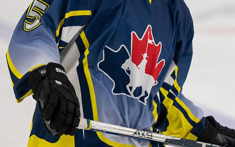 Un chandail de hockey bleu, jaune, blanc et rouge de la GRC et des mains gantées tenant un bâton de hockey.
