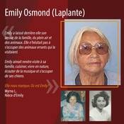 Emily a laissé derrière elle son amour de la famille, du plein air et des animaux. Elle n’hésitait pas à s’occuper des animaux errants qui la visitaient.    Emily aimait rendre visite à sa famille, cuisiner, vivre en nature, écouter de la musique et s’occuper de ses chiens. Elle nous manque. Où est Emily?  <br />
<br />
Myrna L.<br />
Nièce d’Emily