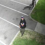 Photo du premier suspect portant un pantalon à motif de camouflage vert, un manteau noir et une casquette de baseball
