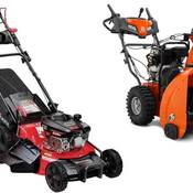Deux images de photothèque : une image d’une tondeuse à gazon à essence Benchmark 173 cm3, modèle n° BM-1740, et une image d’une souffleuse à neige Husqvarna ST224.