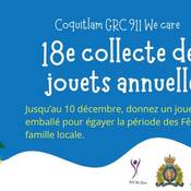 Affiche de la collecte de jouets « 911 We Care ». La 18e collecte de jouets annuelle « 911 We Care ». Jusqu’au 10 décembre, donnez un jouet neuf non emballé pour égayer la période des Fêtes d’une famille locale. En soutien à l’organisme SHARE Family and Community Services, GRC de Coquitlam, « 911 We Care ».