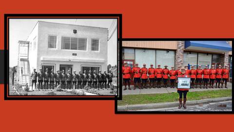 A black and white photo of RCMP officers in dress uniforms are standing in front of the Cloverdale policing office. A modern photo from today of RCMP officers in dress (Red Serge) uniforms in front of the Cloverdale, Surrey policing office, replicates the photo from 75 years ago. Officers are standing in line in front of a building.