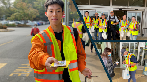 Collage of photos of Richmond RCMP and volunteers holding and handing out pedestrian safety reflectors