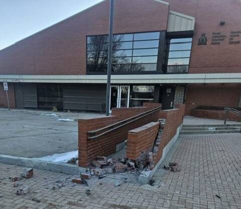 The wheelchair ramp at the Dauphin RCMP detachment was damaged on April 4, after a stolen taxi cab collided with it.