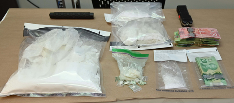 Picture of the drugs and other objects seized by the Prince Albert Crime Reduction Team (CRT) of the Saskatchewan RCMP in Martensville on August 7, 2025.