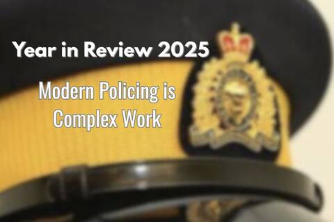Image of an RCMP Forge cap in the background with text that reads Year in Review 2025 Modern policing is complex work.