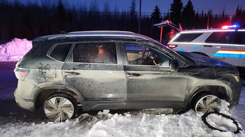A Volkswagen Taos with deflated tires that was stopped by police in Prince George