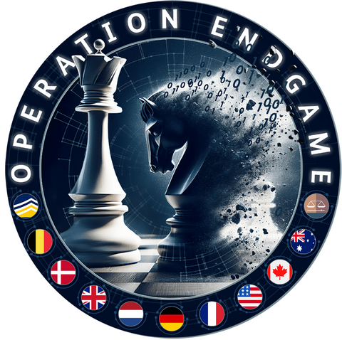 Au centre, deux pièces d’échecs, une dame et un cavalier, et autour, les mots « Operation Endgame » et le drapeau de plusieurs pays, dont le Canada.