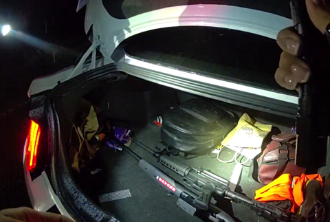 Photo of guns in the trunk of a car that Mission RCMP recently pulled over on the Lost Creek Forest Service Road, after the occupants were allegedly shooting illegally.