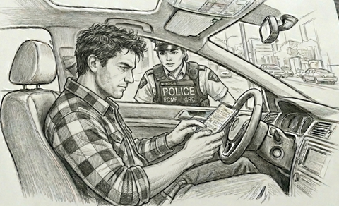 Sketch of a driver texting on his phone while a police officer looks on.
