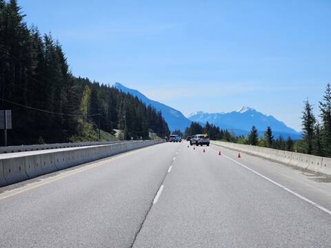 A BC Highway Patrol speed control zone set up near a construction zone in Golden in the Kicking Horse Canyon