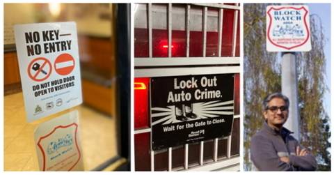 Affiches apposées dans les fenêtres et sur les portes de commerces recommandant de garder les portes verrouillées; une autre photo montre une affiche de surveillance de quartier sur un lampadaire.