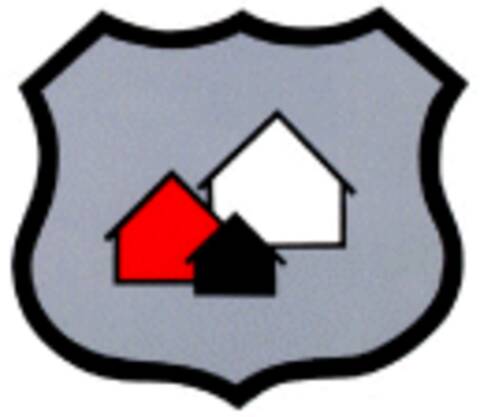 Le logo du Programme de logements multiples sans criminalité, un dessin de trois maisons à l’intérieur d’un bouclier gris